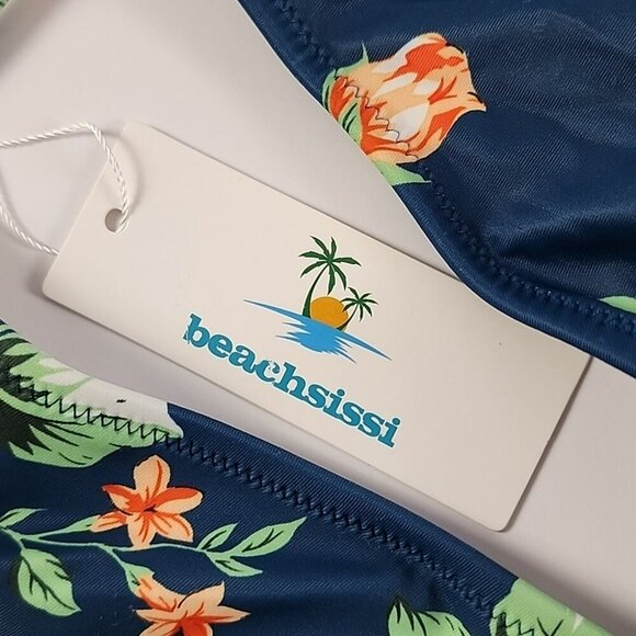 Beachsissi Women's One Piece Halter Neck Cross Front Blue Floral Swimsuit Size M - Picture 5 of 11